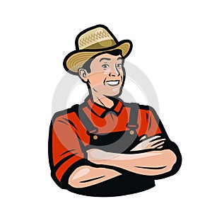 Farmer portrait, organic products logo. Agriculture, farming vector