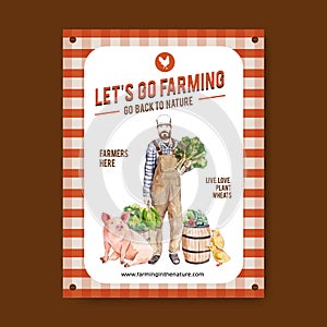 Farmer poster design with man, vegetable watercolor illustration