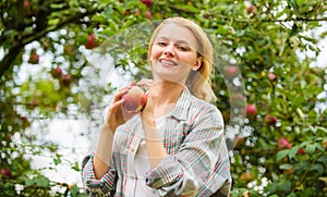 Farmer pretty blonde with appetite red apple. Local crops concept. Woman hold apple garden background. Farm produce