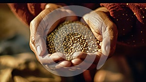 A farmer proudly holds a handful of soybeans