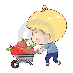 A farmer pushes a wheelbarrow of fruit.