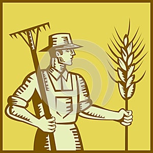 Farmer With Rake and Wheat Woodcut