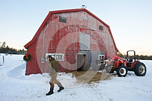 Farmer, Red Barn, and Red Tractor