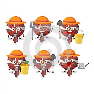 Farmer red twirl lolipop wrapped cute mascot character with fork