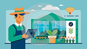 A farmer remotely monitors their greenhouse temperature and humidity levels through an internetconnected sensor system