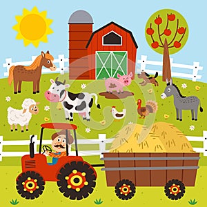 farmer rides a tractor and farm animals stand in the barnyard