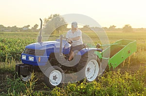 The farmer rides a tractor. Farming and farmland. Campaign harvesting potatoes in autumn. Countryside. Food production.