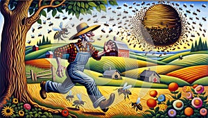 Farmer Running from Swarm of Bees Near Beehive