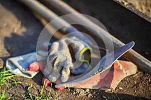 Farmer's garden tools. Gardening concept. Agricultural work on the plantation