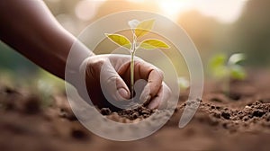Farmer\'s hand planting seedlings in the ground, afforestation and environmental remediation concept photo