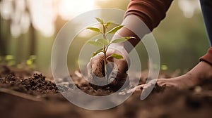 Farmer\'s hand planting seedlings in the ground, afforestation and environmental remediation concept photo