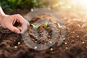 Farmer`s Hand Planting Seeds In Soil