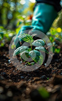 Farmer's hand planting the young tree in the garden as save world concept nature environment and ecology.