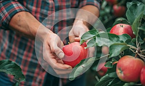 Farmer\'s hands gently hold a ripe, red apple in an orchard. The vibrant apple contrasts with the green leaves in background,