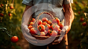 farmer's hands hold a basket of tomatoes. Tomatoes in a wicker basket close-up. Generative AI