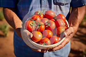 Farmer\'s hands holding a basket with freshly picked tomatoes on a blurred garden background.