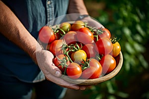 Farmer\'s hands holding a basket with freshly picked tomatoes on a blurred garden background. O.