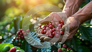 Farmer\'s hands holding fresh red coffee beans. AI generated.