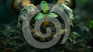 Farmer\'s hands holding green young plant. Some plants in soil on the ground of man\'s hands