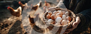 Farmer's hands holding a wicker basket of fresh, free-range eggs with chickens in the background