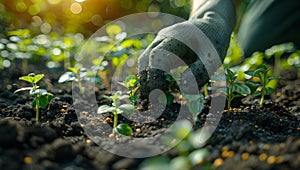 Farmer's hands planting young seedlings into the soil in the vegetable garden. Archivio Fotografico photo