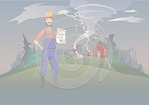 Farmer`s insurance concept, vector illustration. Tornado on the farm. A calm farmer stands and holds the insurance in