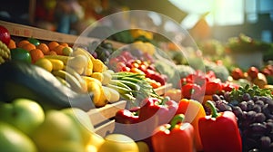 Farmer's market counter: a variety of bright, fresh, healthy vegetables in the grocery store. The concept of healthy