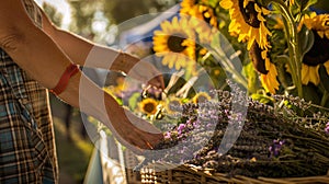 a farmer\'s market flower stall overflowing with blooms