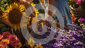 a farmer\'s market flower stall overflowing with blooms