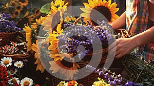 a farmer\'s market flower stall overflowing with blooms