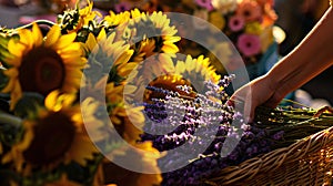 a farmer\'s market flower stall overflowing with blooms