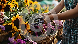 a farmer\'s market flower stall overflowing with blooms