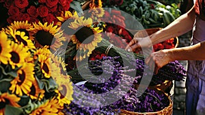 a farmer\'s market flower stall overflowing with blooms