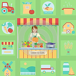 Farmer's market stall illustration and icon set