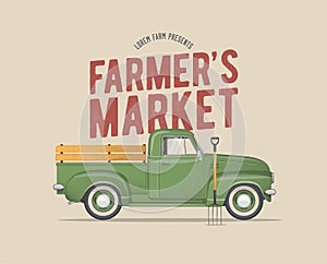 Farmer`s Market Themed Vintage styled Vector Illustration of the old school Farmer`s Green Pickup Truck