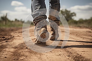 Farmer's weathered boots kicking up dust as they walk along a dirt road. Generative AI