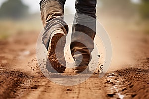 Farmer& x27;s weathered boots kicking up dust as they walk along a dirt road. Generative AI