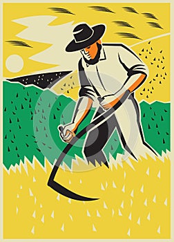 Farmer With Scythe Harvesting Field Retro