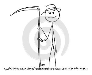 Farmer With Scythe Mowing Grass , Vector Cartoon Stick Figure Illustration