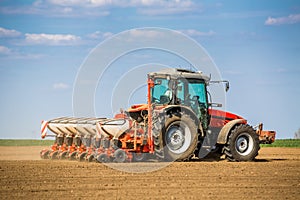 Farmer seeding, sowing crops at field.