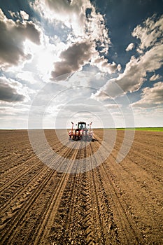 Farmer seeding, sowing crops at field.