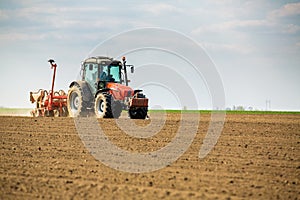 Farmer seeding, sowing crops at field.