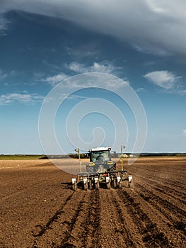 Farmer seeding, sowing crops at field.