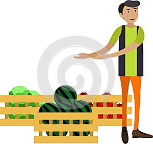 Farmer selling garden harvest vector icon isolated on white