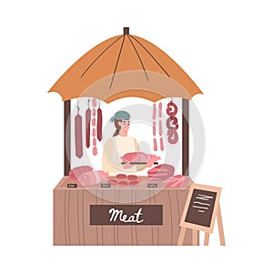 Farmer selling his meat products at street market, vector illustration isolated.