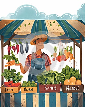 Farmer selling organic veg at market on a sunny day. Farmers Market, illustration