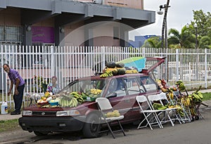 Farmer sells fruit out of his car.