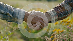 A farmer shaking hands with a conservationist symbolizing the partnership between agriculture and wildlife preservation