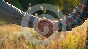 A farmer shaking hands with a conservationist symbolizing the partnership between agriculture and wildlife preservation