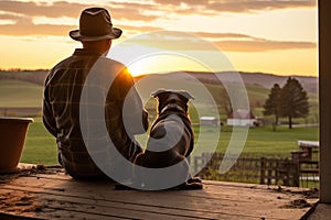 Farmer sharing a quiet moment with his faithful farm dog. Generative AI